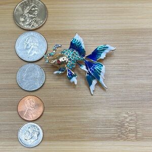 Elegant Blue and Gold Fish Brooch & Pendant with Flowing Fins 2” x 1/2”
